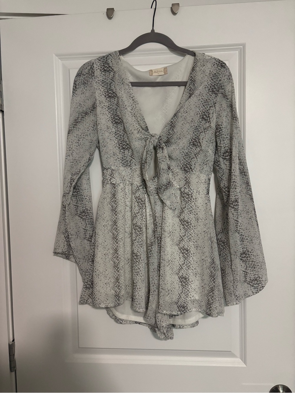 Altar'd State Light Gray Snake-Print Tie Front Romper